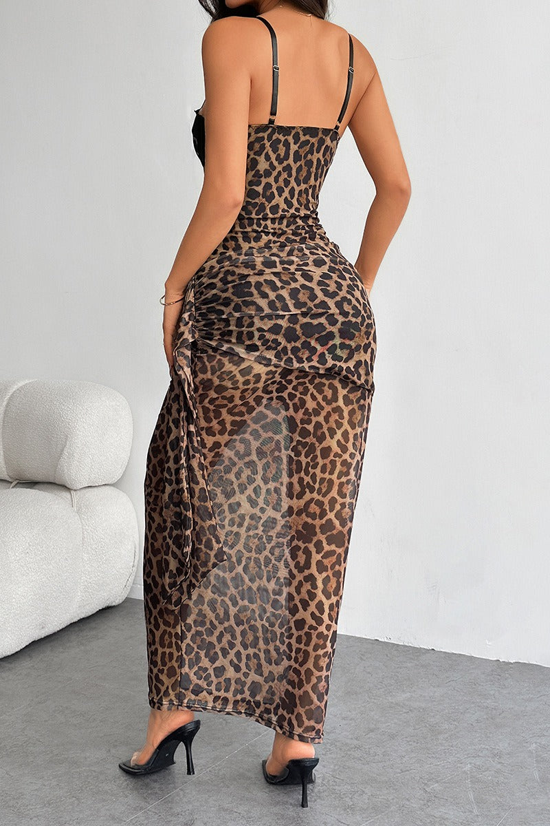 Leopard Print Corset Ruched Bodycon Maxi Dress