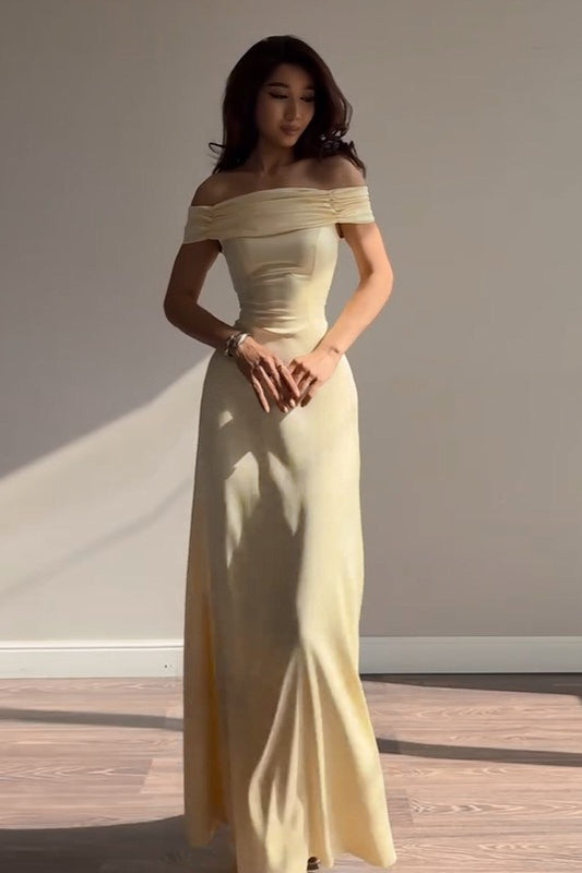 Satin Off Shoulder Ruched Bodycon Maxi Dress in Yellow