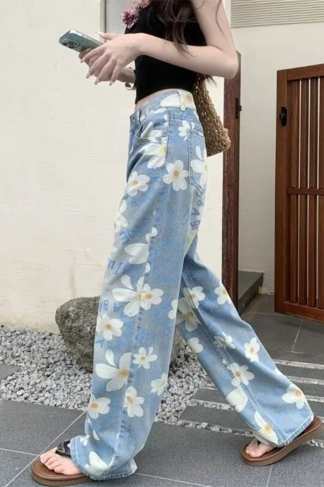 Floral Print Baggy Denim Jeans