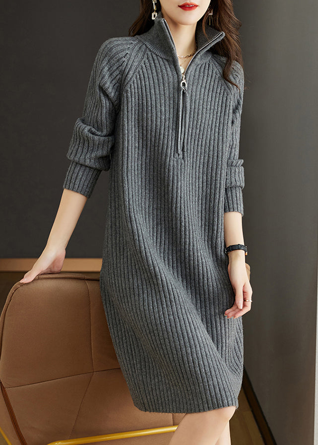 Ribbed Knit Mock Neck Half Zip Long Sleeve Shift Knee Length Dress