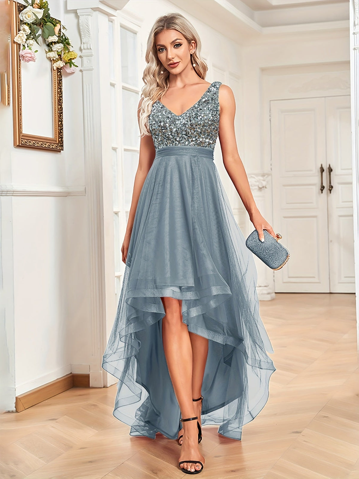 Sequin Bodice V-Neck Sleeveless Tulle Hi-Low Dress