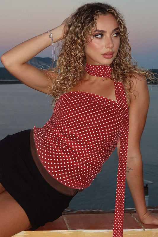 Polka Dot Print Slim Fit Bustier Crop Top - Fashionpara