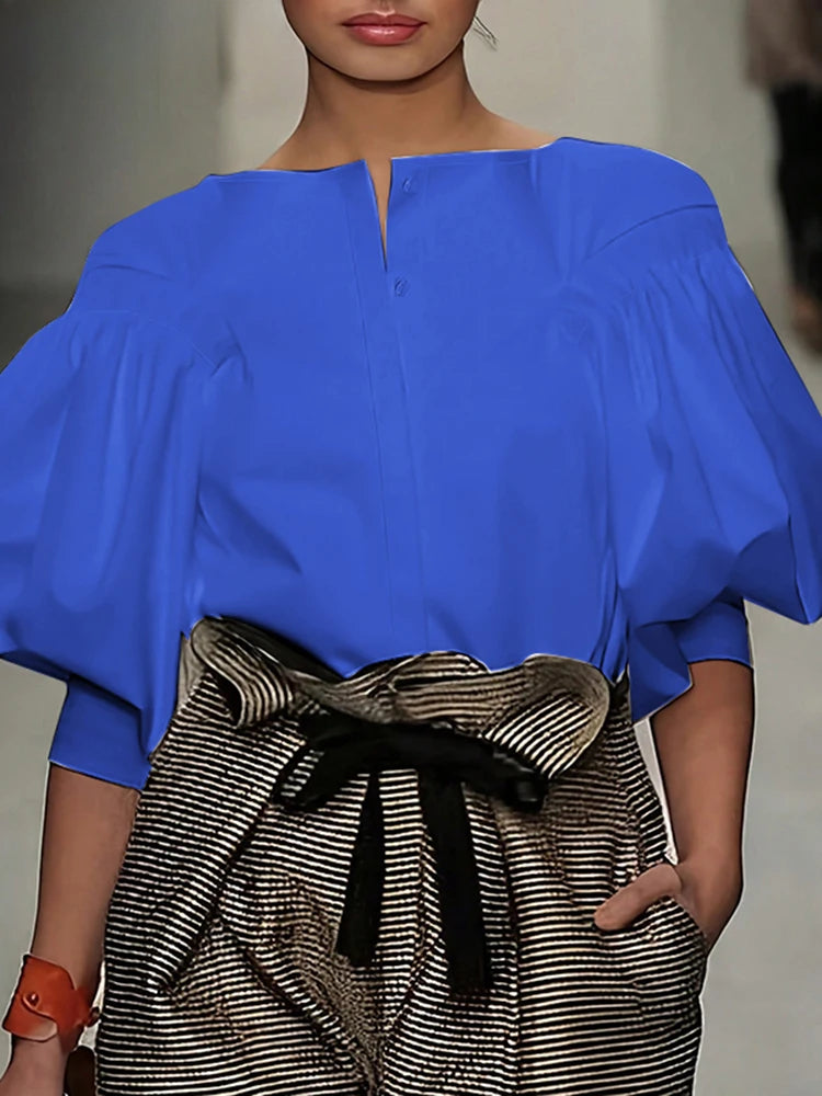 Lantern Quarter Sleeve Button Round Neck Blouse