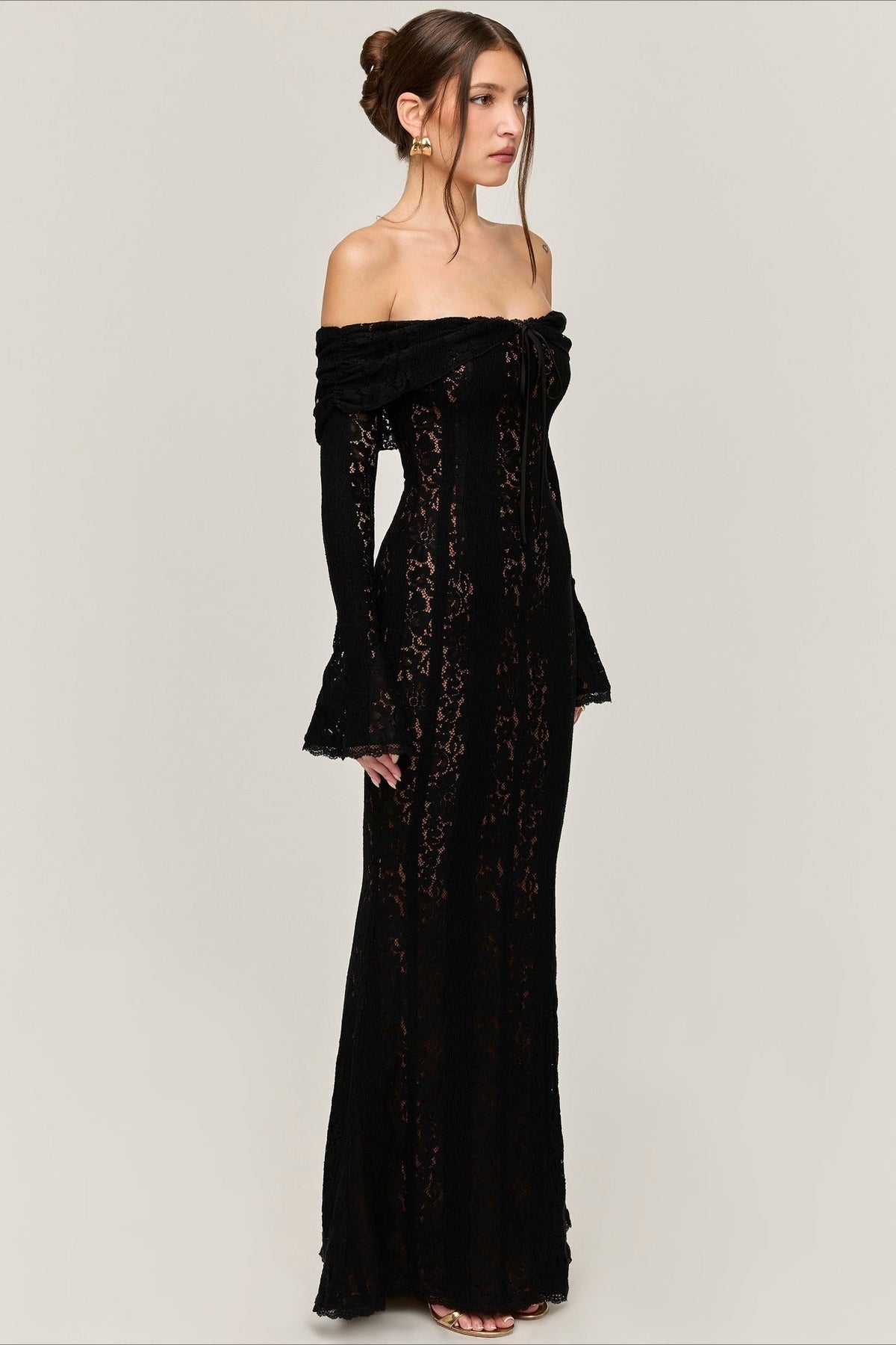 Lace Off Shoulder Long Sleeve Corset Midi Dress