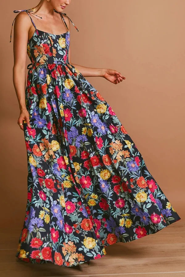 Garden Wedding Floral Print Back Tie-up Pocketed Slit Maxi Dress - Fashionpara