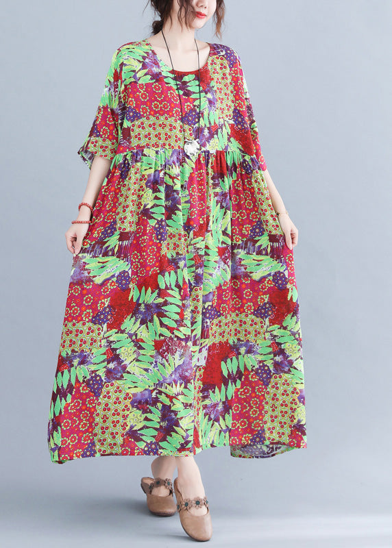 Patchwork Floral Print Round Neck Short Sleeve Maxi Dress - View 2