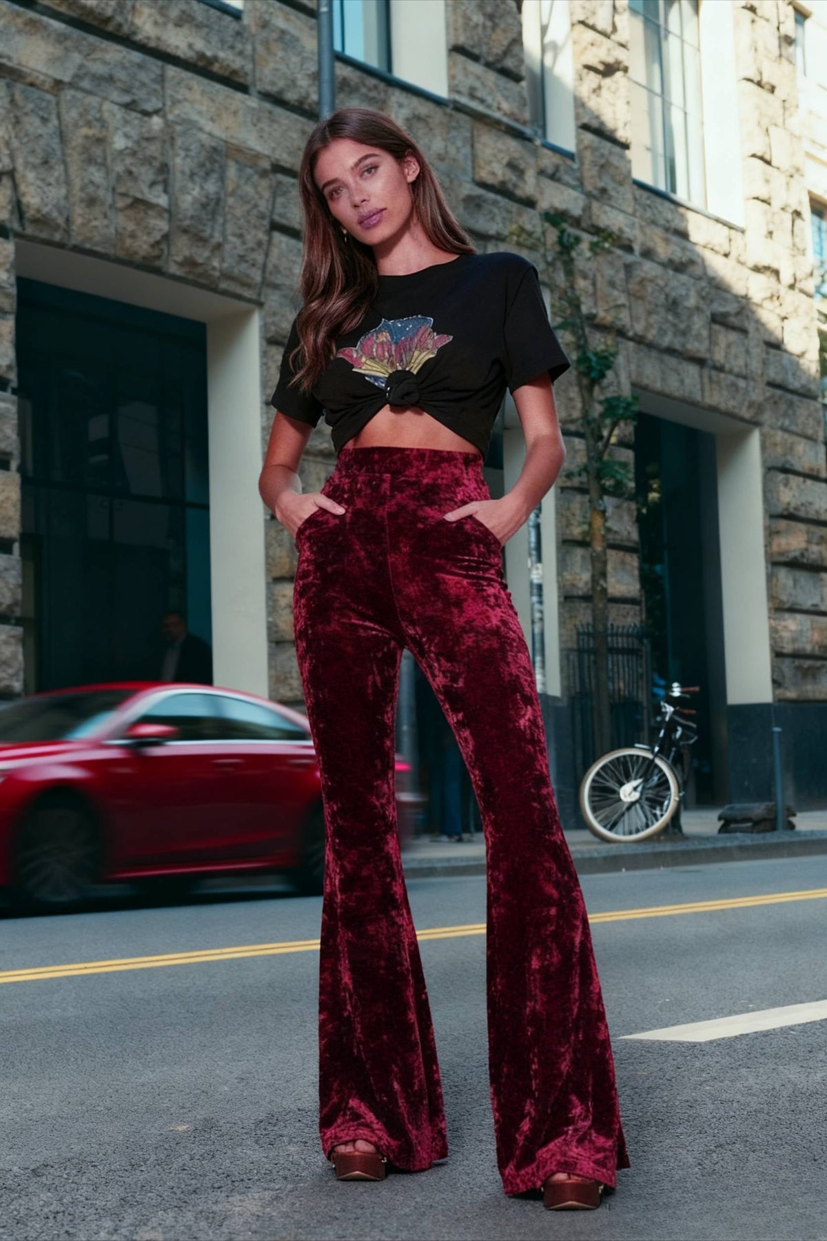 High Waist Velvet Wide Leg Velour Flare Pants