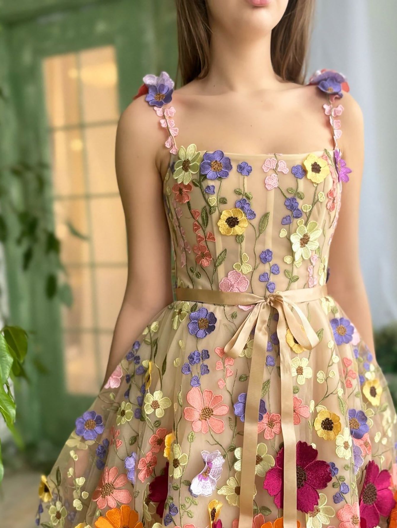 A Line Floral Beige Short Homecoming Dress With 3D Flowers - Fashionpara