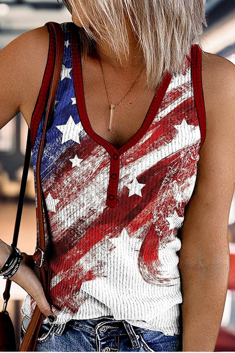 Flag Print Button Notched Neck Tank Fashionpara