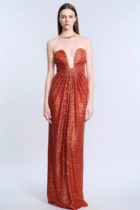 Sequin Strapless Deep V-Neck Ruched Column Gown