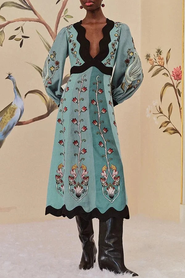 Flowing Beauty Linen Blend Floral Print Balloon Sleeve Open Back Midi Dress - Fashionpara
