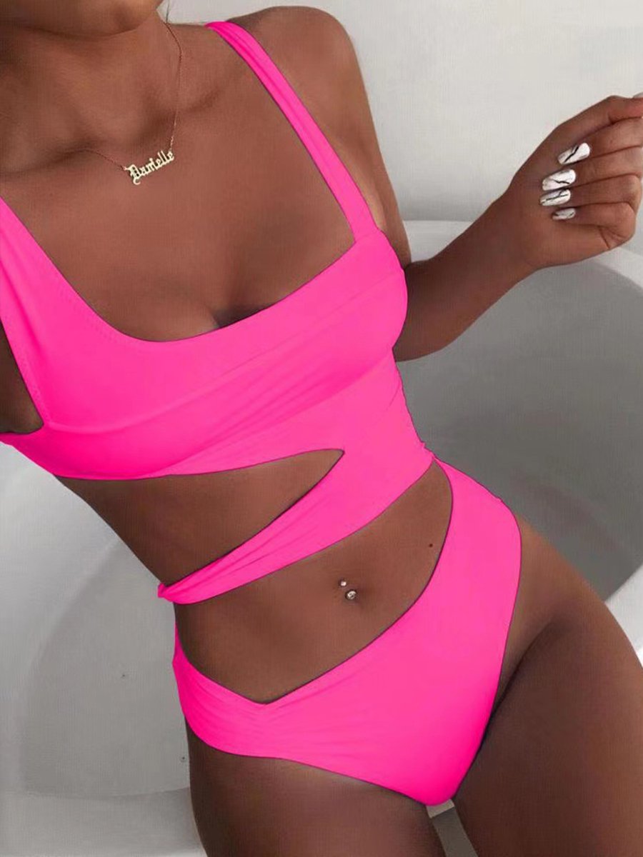 Solid Cut Out One-piece Swimsuit - Fashionpara