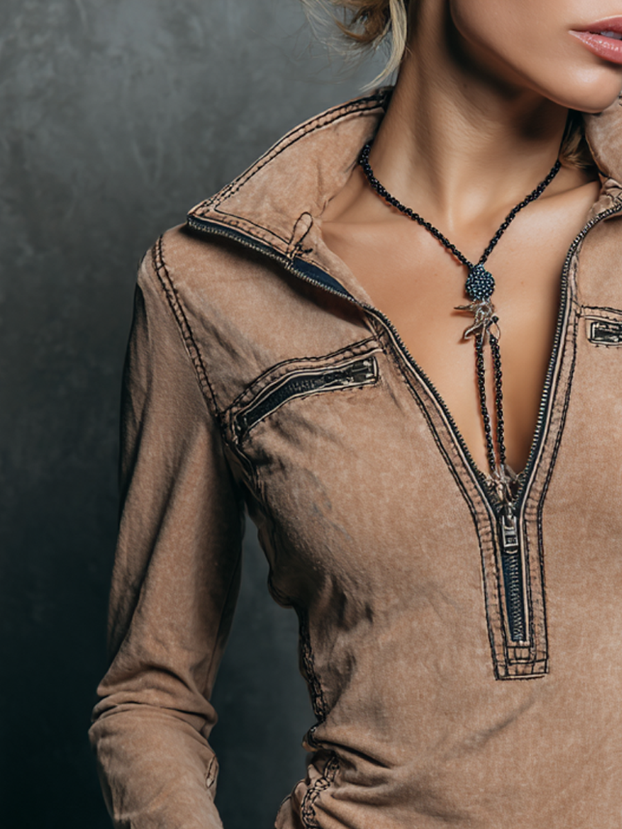 Retro Half Zip Collar Pocket Blouse - Fashionpara