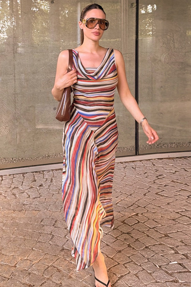 Striped Cowl Neck Asymmetric Slip Midi Dress 4