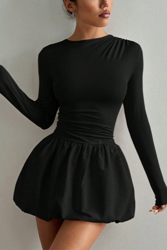 Crew Neck Long Sleeve Ruched Bubble Hem Mini Dress