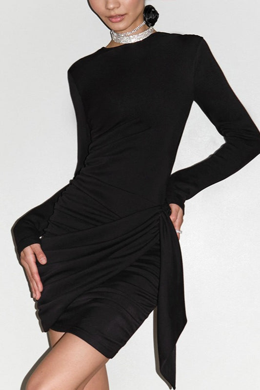 High Neck Long Sleeve Ruched Draped Bodycon Mini Dress - View 3