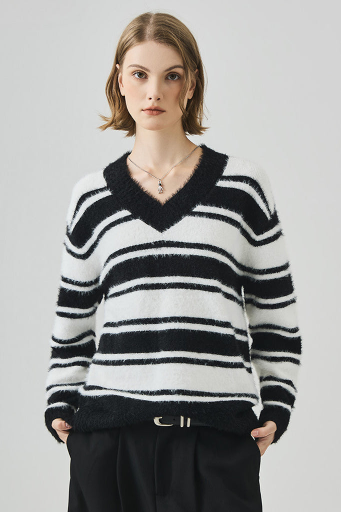 PrincessAce Striped V Neck Long Sleeve Knit Sweater