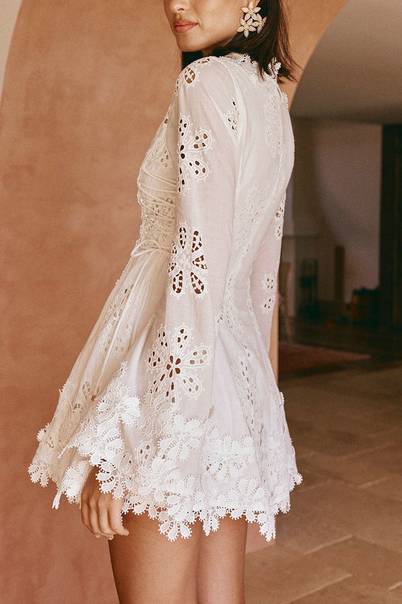 Broderie Lace V-Neck Bell Sleeve A-Line Mini Dress 3