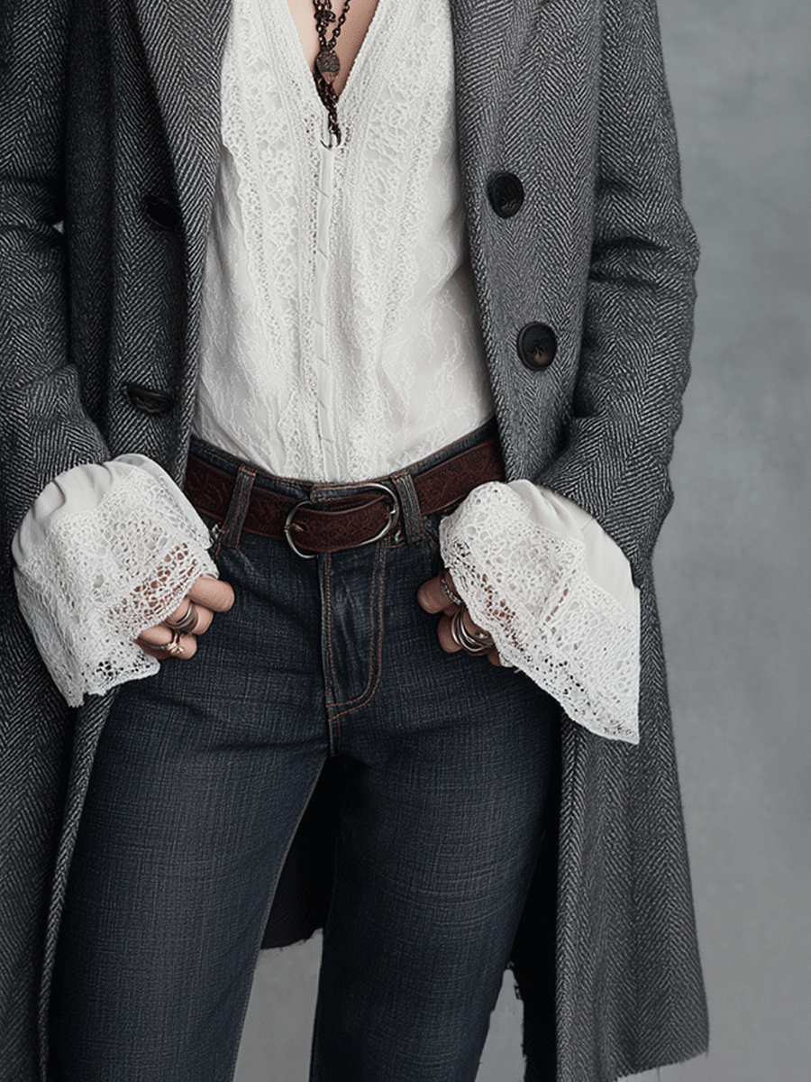 Classic Grey Herringbone Wool Blend Double-Breasted Long Coat - Fashionpara