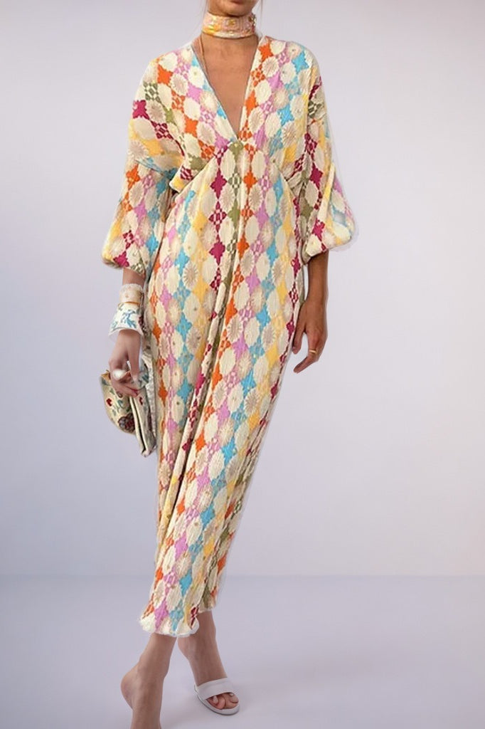 Geometric Print V-Neck Puff Sleeve Kaftan Maxi Dress