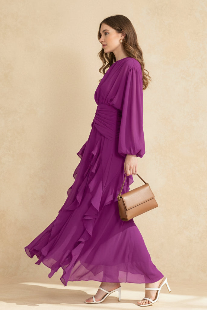 Chiffon Crew-Neck Long Sleeve Ruffle Maxi Dress