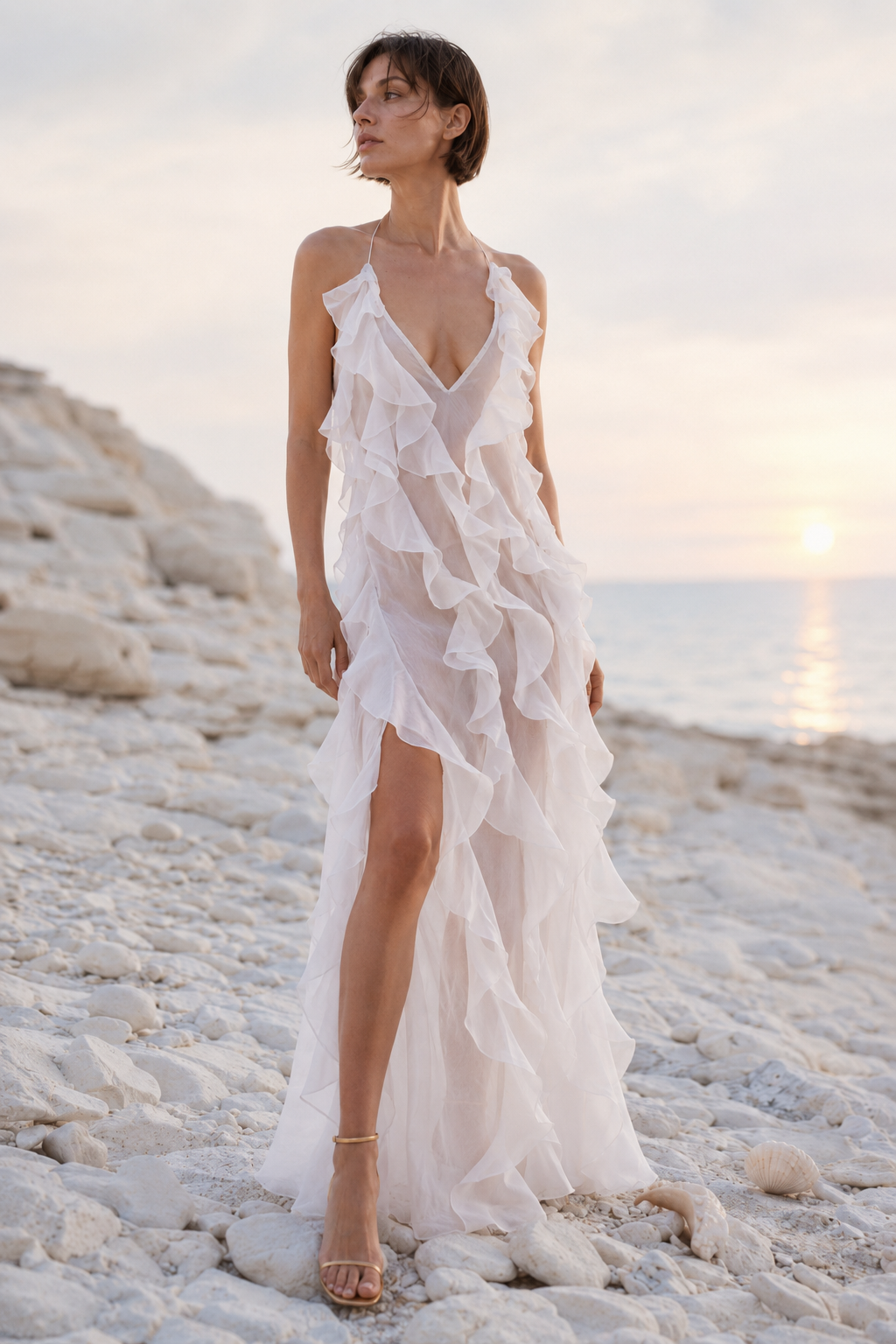 Organza Ruffle Plunge V-Neck High Split Maxi Dress