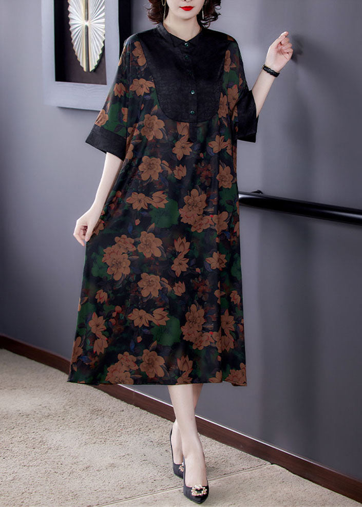 Floral Print Contrast Yoke Button Collar Wide A-Line Midi Dress - View 4
