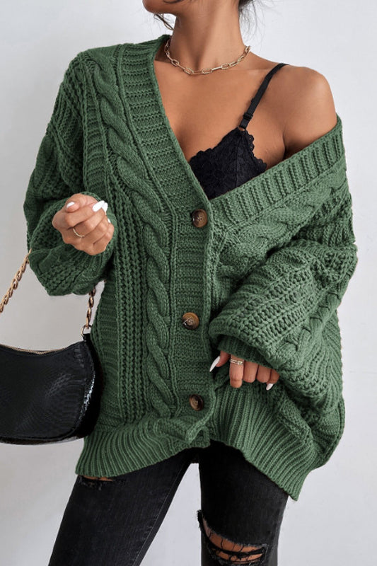 Vintage Cable Knit V-Neck Cardigan with Balloon Sleeves