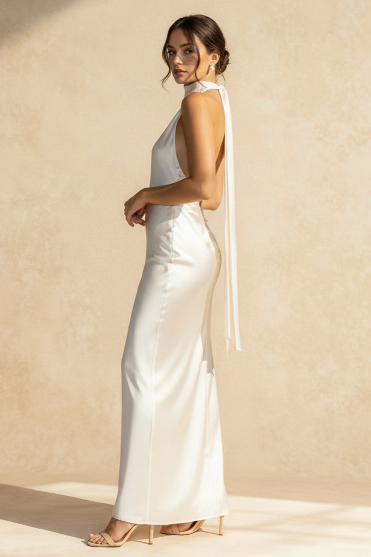Vintage Solid Satin Backless Maxi Dress