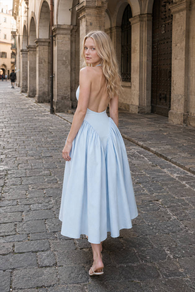 Deep V-Neck Halter Sleeveless Fit and Flare Midi Dress 4