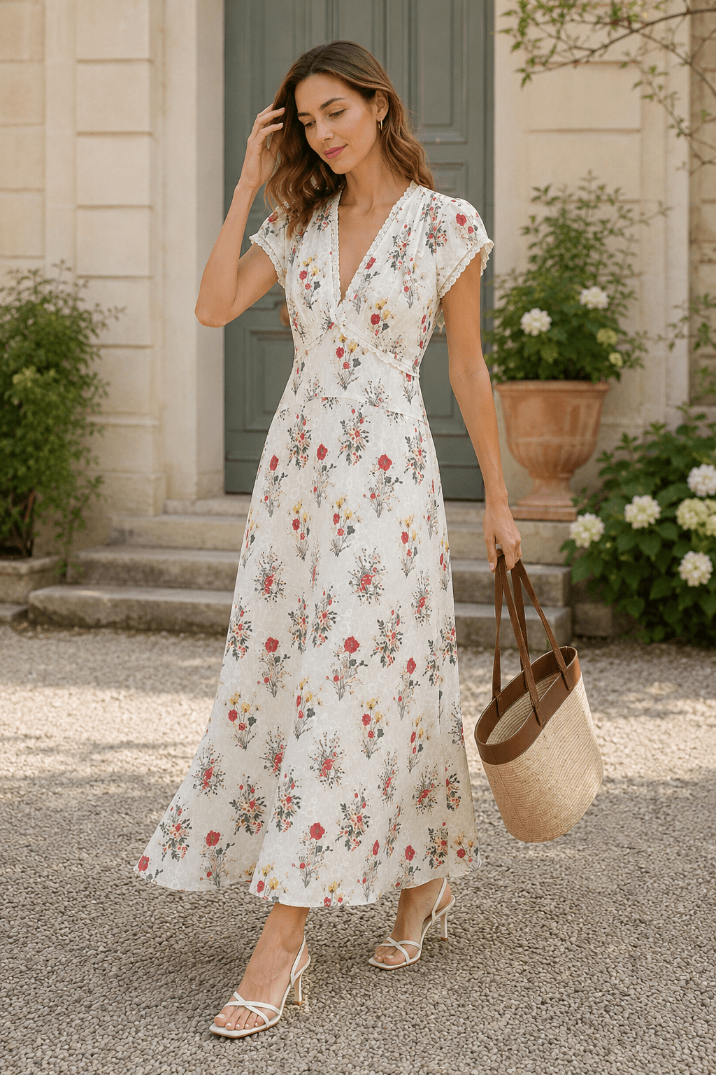 Floral Lace Trim V-Neck Flutter Sleeve Maxi Dress 2