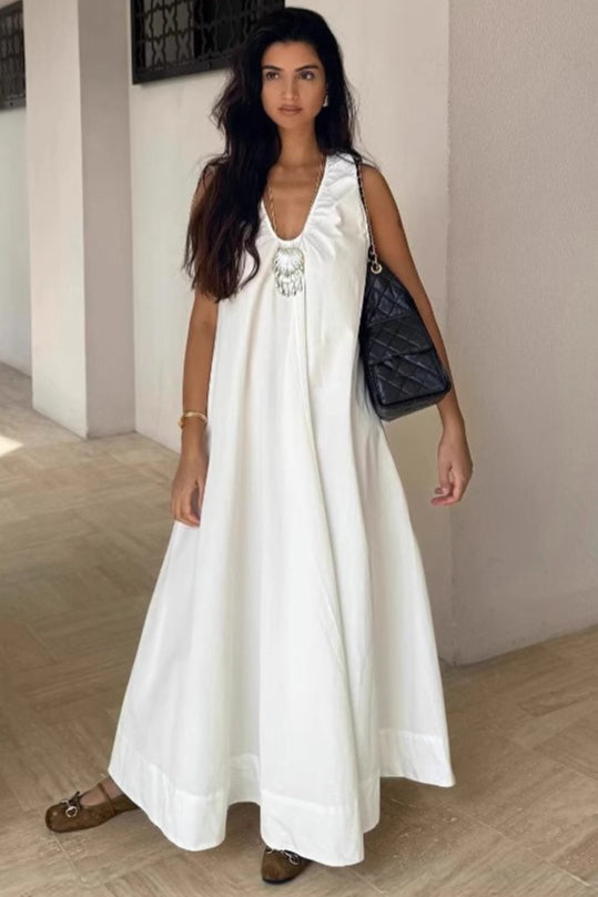 V-Neck Sleeveless Gathered A-Line Maxi Dress