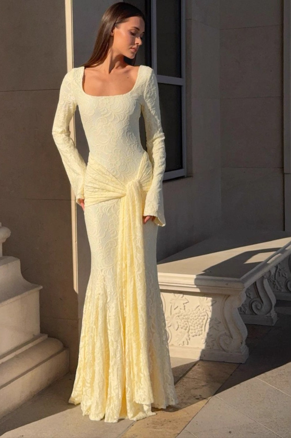 Lace Square Neck Long Sleeve Mermaid Maxi Dress - View 3