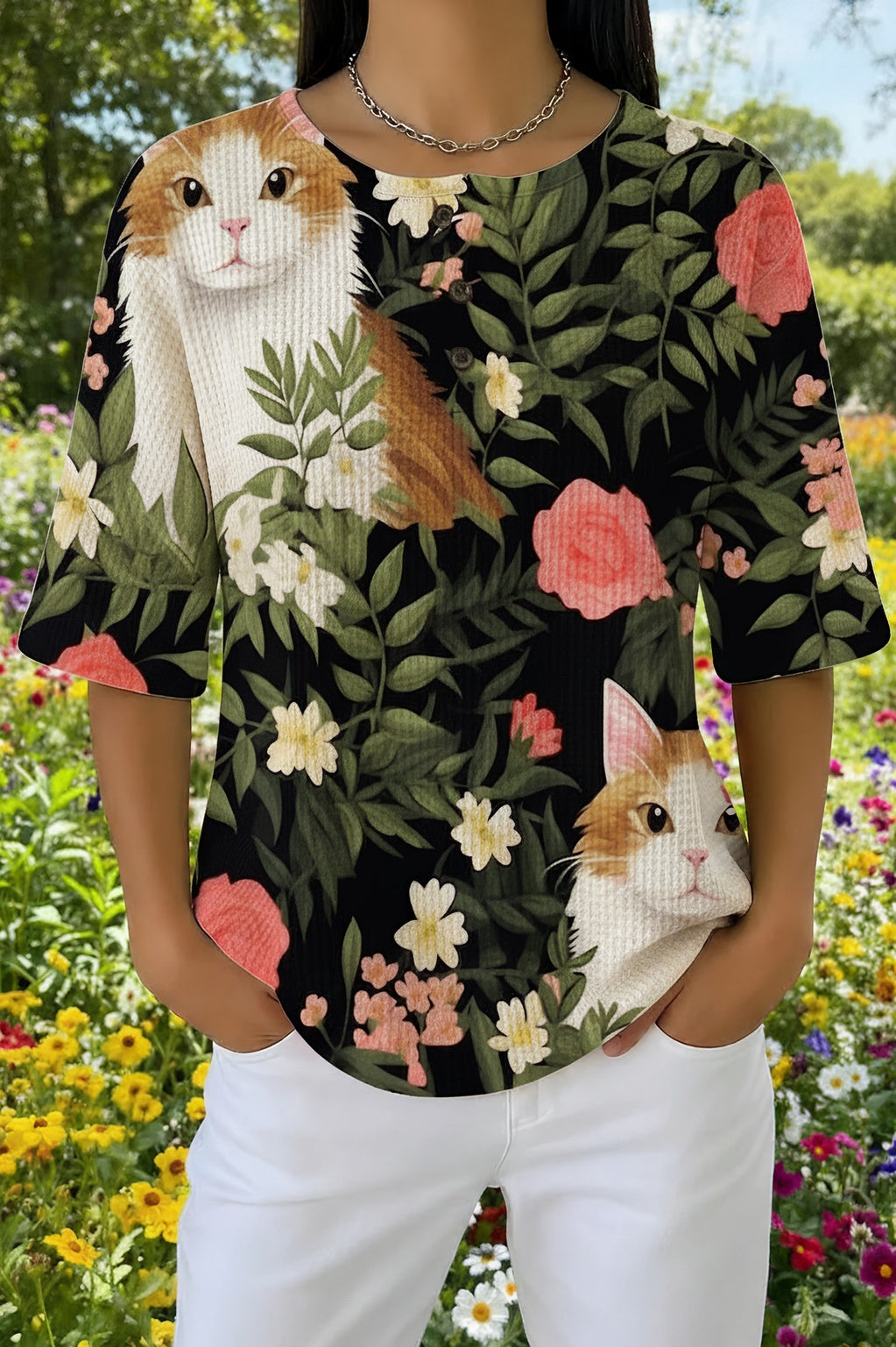 Cat Floral Print Crew Neck Half Sleeve Top