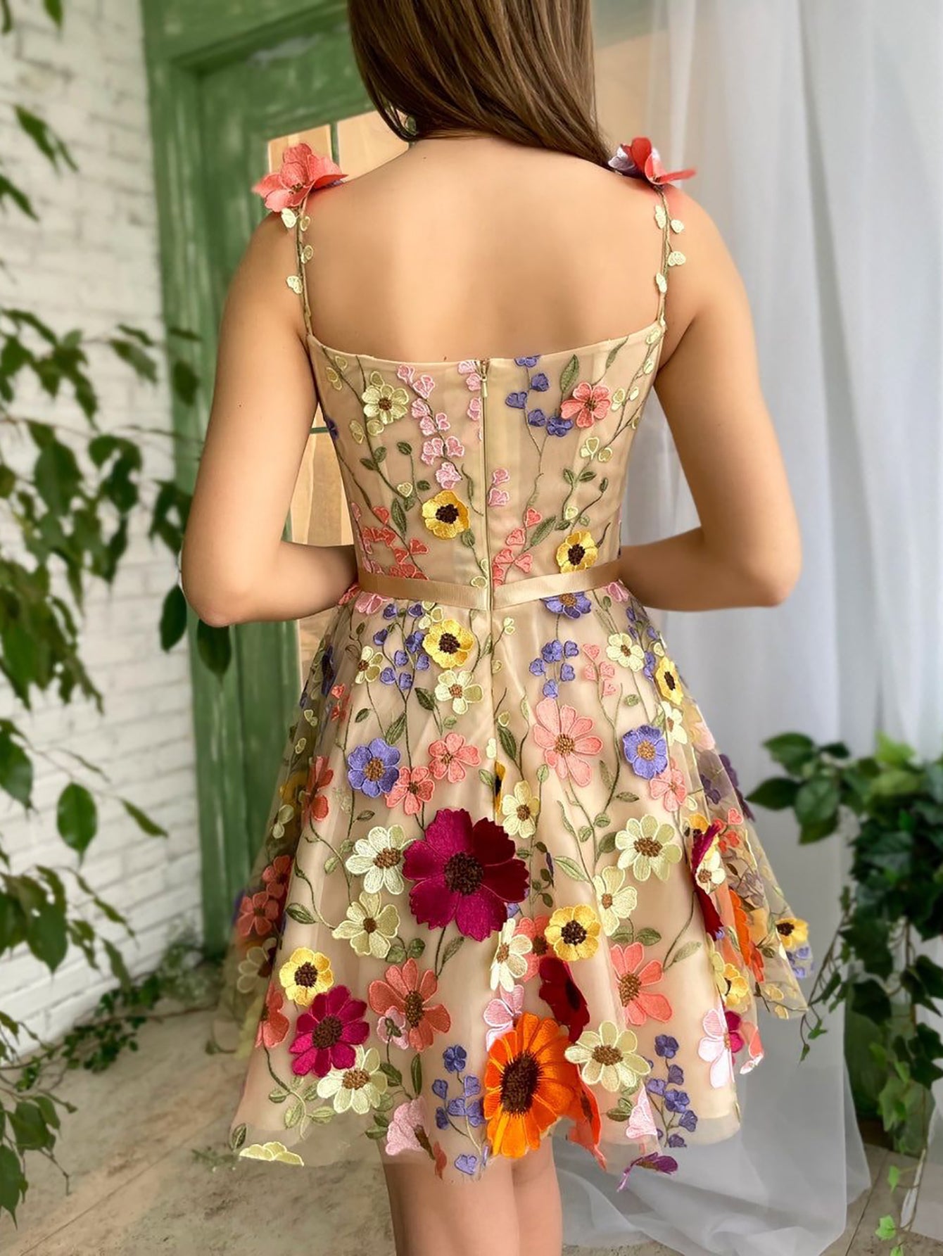 A Line Floral Beige Short Homecoming Dress With 3D Flowers - Fashionpara