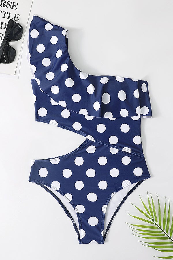 One-shoulder Ruffled Polka Dot One-piece Swimsuit - Fashionpara