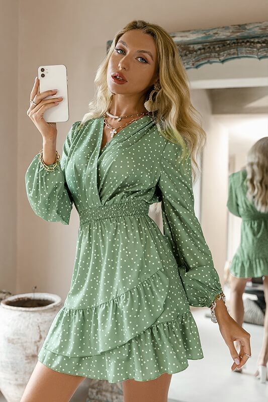 Simplee Long Sleeve V-Neck Polka Dot Print Dress  Fashionpara