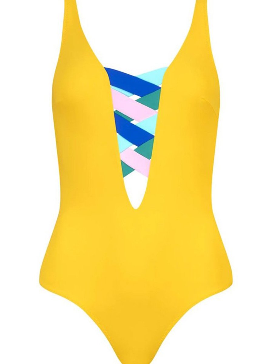 Contrast Crisscross Strappy V Neck One-piece Swimsuit (3 Colors) - Fashionpara