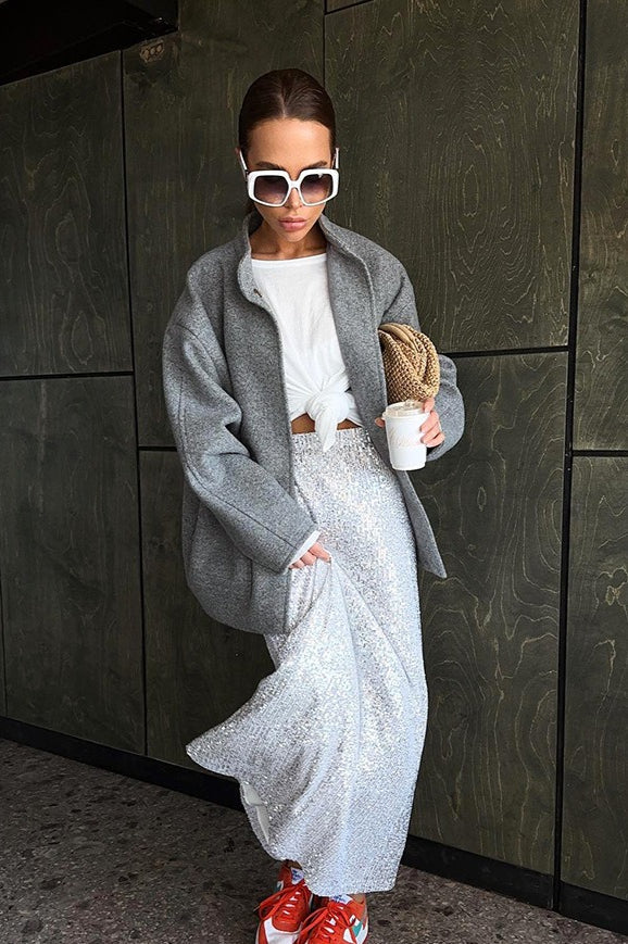 Gray Stand Collar Cocoon Sleeve Coat