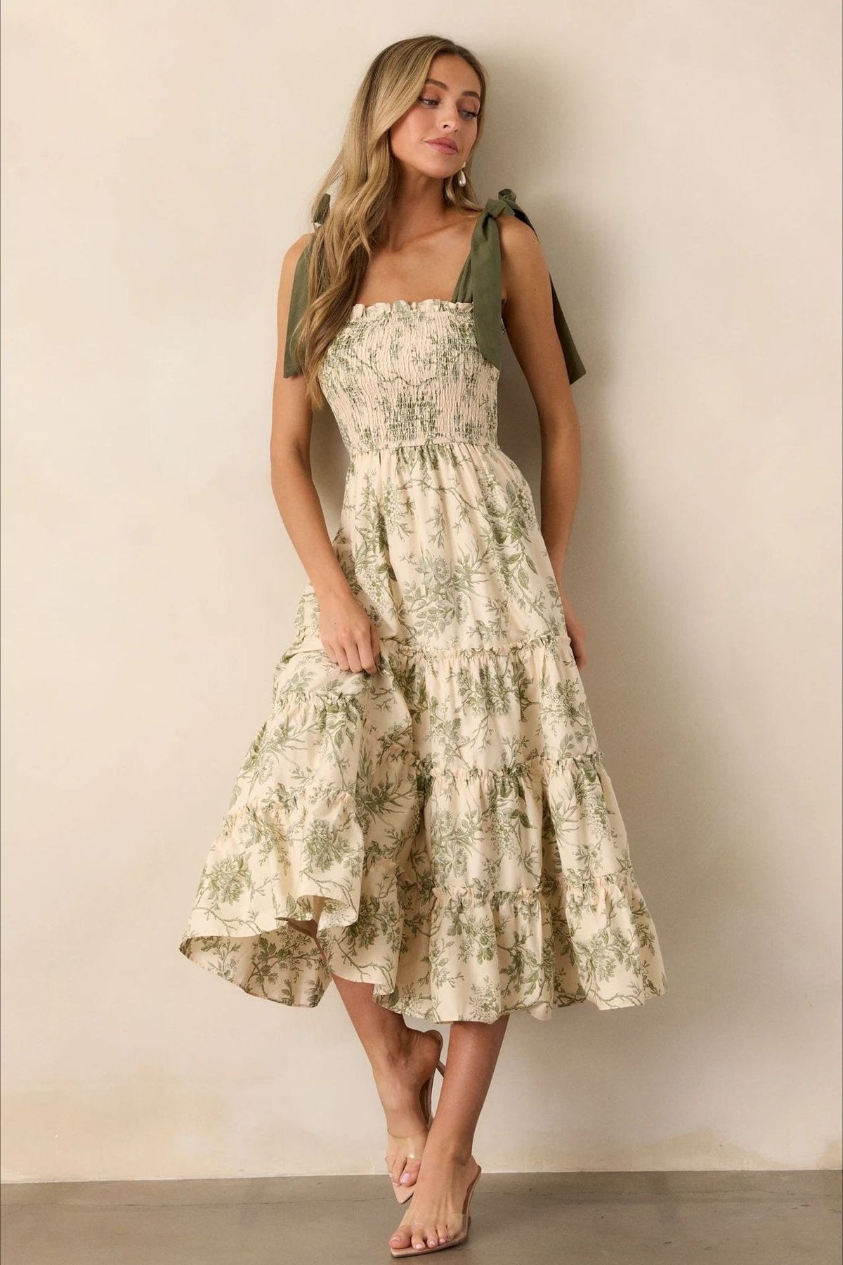 Floral Print Smocked Tie Strap Tiered Midi Dress