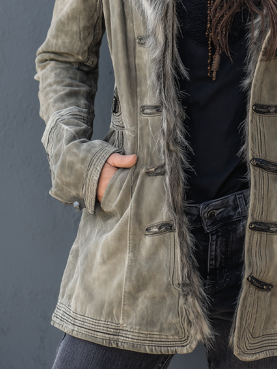 Vintage Distressed Eco-friendly Fur Collar Mid-length Coat - Fashionpara