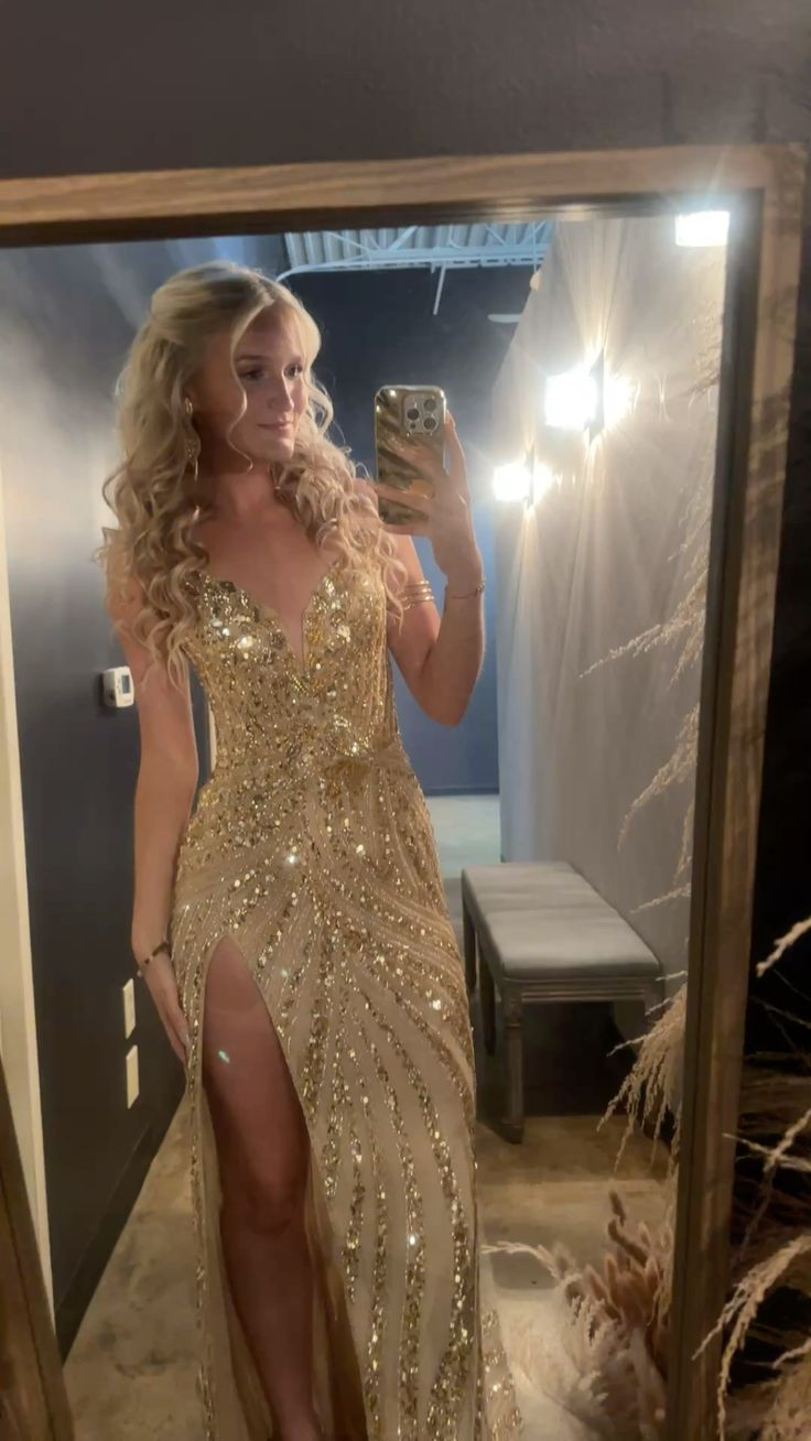 Sexy Mermaid Long Prom Party Dress Gold Lace Evening Dress - Fashionpara