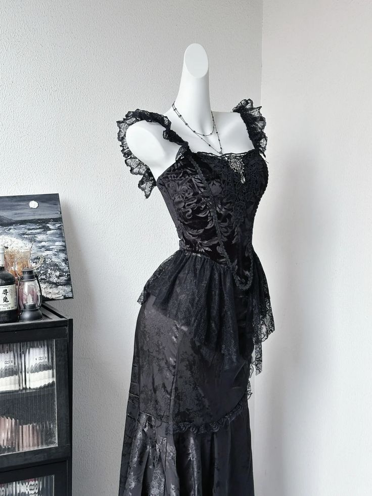 Vintage Black Satin Lace Long Party Dress Evening Dress - Fashionpara