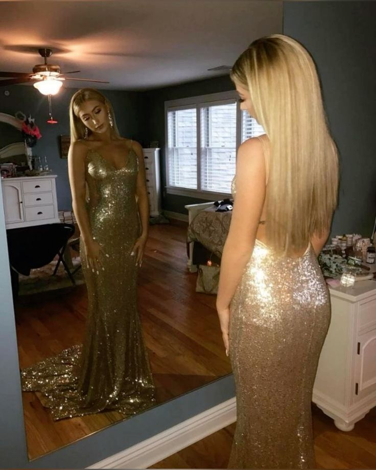 Sexy Mermaid Long Prom Party Dress Backless Gold Evening Dress - Fashionpara