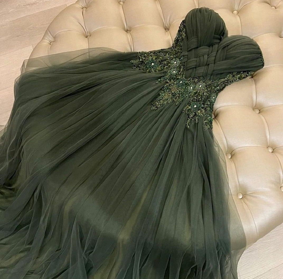 Dark Green Tulle Long Prom Dress Beaded Evening Dress - Fashionpara