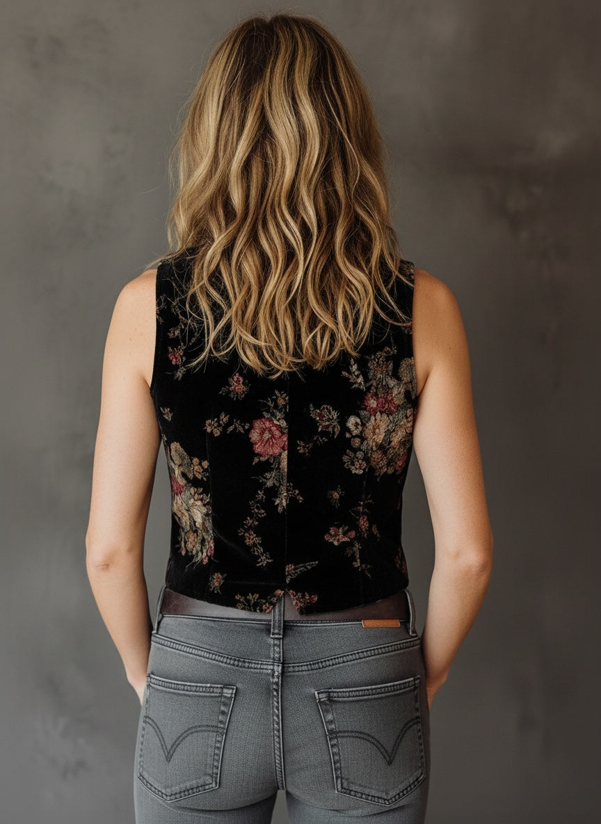 Floral Velvet Button-Up Vest - Fashionpara