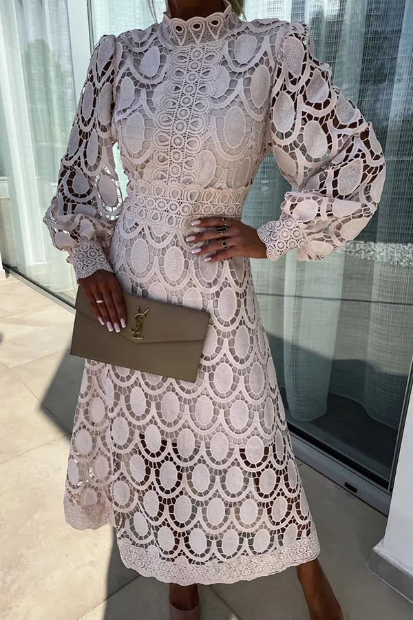 Francisca Crochet Lace Lantern Sleeve Midi Dress - View 8