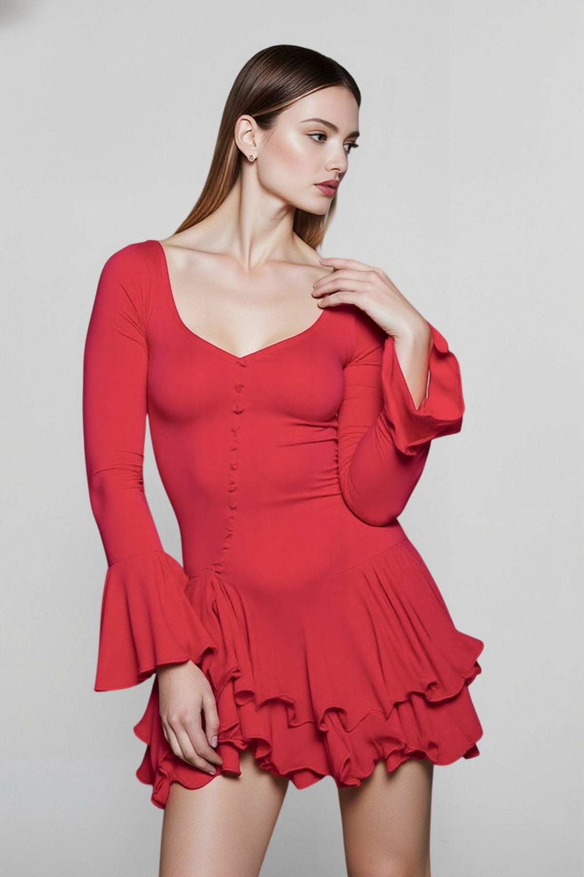 V-Neck Long Sleeve Button Front Drop Waist Ruffle Mini Dress 2