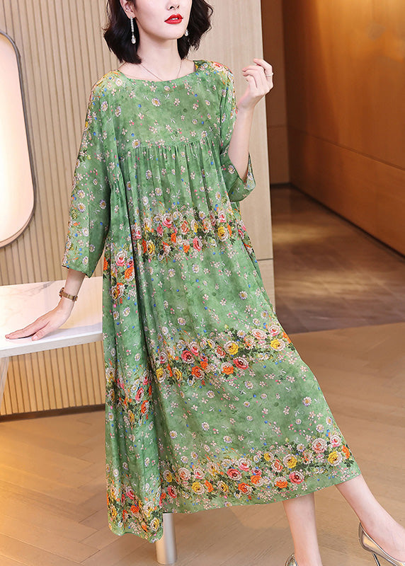 Floral Print Border Trim Round Neck Three Quarter Maxi Dress