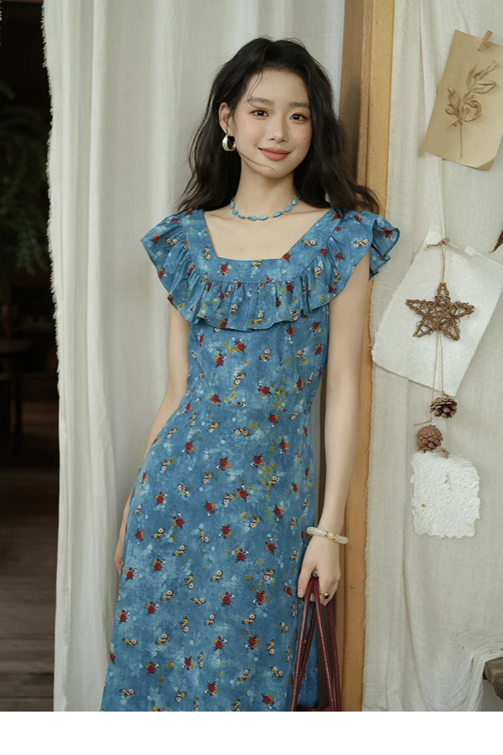 V-Neck Ruffled Midi Floral Dress